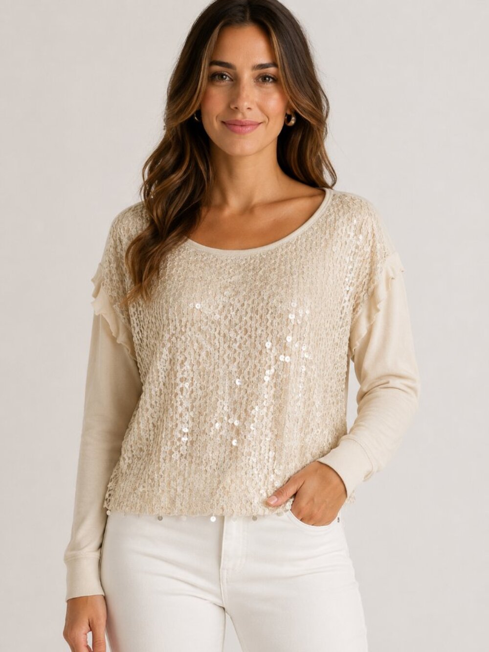 My Place Women’s Cream Sequin Long Sleeve Blouse Scoop Neck Party Top